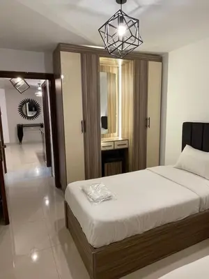 a bedroom with a large bed and a mirror at 2bedroom aprt at 7th circle f-r4 in Amman