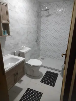 a bathroom with a shower and a toilet and a sink at wadi rum gem in Disah