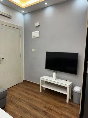 a living room with a flat screen tv on a wall at استوديو الرابية 19 studio alrabyeh in Al Jafr