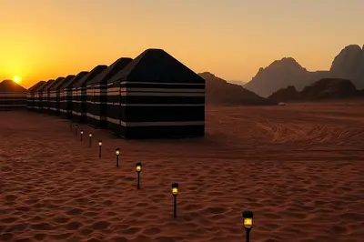 a row of lights in the desert at sunset at Adventure Nights Camp in Wadi Rum