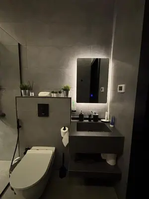a bathroom with a toilet and a sink with a mirror at Luxury Roof-top in Amman