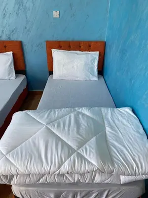 a bed in a room with a blue wall at 2bedroom apartment with balcony in Aqaba