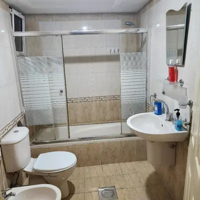 a bathroom with a toilet and a sink and a shower at Eyad's Apartment in Amman