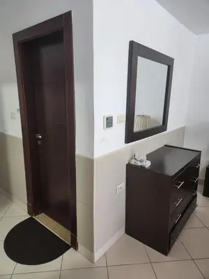 a bathroom with a mirror and a wooden door at 4th circle embassy district 2 bedrooms الدوار الرابع حي السفارات in Amman