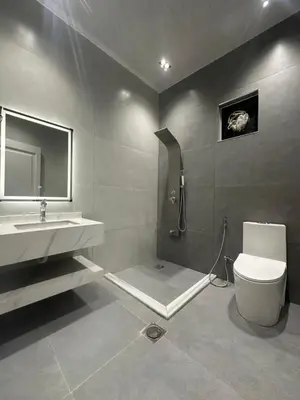 a bathroom with a sink and a toilet and a mirror at Hassan