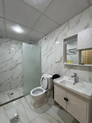 a bathroom with a toilet and a sink at WADI RUM OLIVIA lUXURY CAMP & TOUR in Wadi Rum
