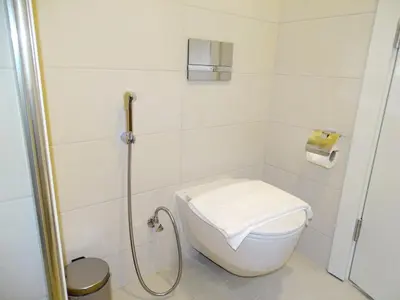 a white bathroom with a toilet and a shower at B12 beach apartment Ayla in Al Jafr