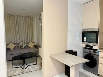 a small kitchen and living room in a apartment at Beit Ahlan Suites 8 in Amman