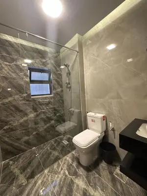 a bathroom with a toilet and a shower and a sink at Charming Amman Apartment with Modern furnis in Amman