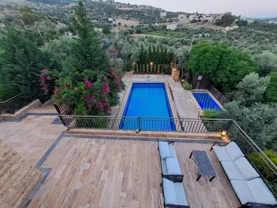 an aerial view of a swimming pool in a backyard with trees at Villa Saya in Jerash
