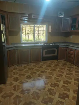 a kitchen with wooden cabinets and a stove top oven at عجلون in Ajloun