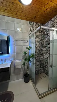 a bathroom with a shower and a sink and a tv at Cozy and well-located 2 bedroom flat near a mall in Amman