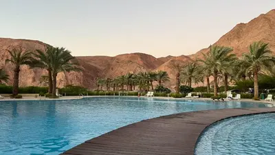 a large swimming pool with palm trees and mountains at Flow - Al Raha Village in Aqaba