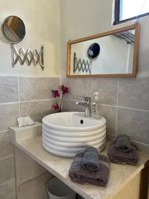 a bathroom with a white sink and a mirror at B&B petrafarmhouse in Wadi Musa