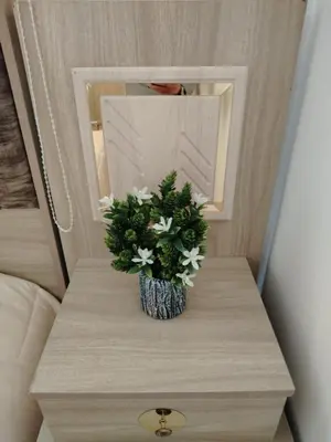 a vase with flowers on a table in front of a mirror at العقبه in Aqaba