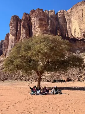 a group of people laying under a tree in the desert at cave under the stars in Wadi Rum