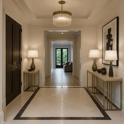 a hallway of a home with two tables and a chandelier at Enad Place in Amman