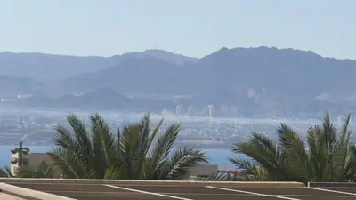 a parking lot with palm trees in front of a body of water at قرية الراحة باطلالة بحرية-مرسى زايد-Alraha village -marsa zayed- with sea view in Aqaba