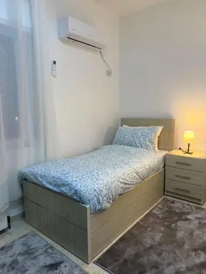 a small bedroom with a bed and a night stand at Two-Bedroom Apartment in Swefieh in Amman