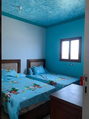 two beds in a room with blue walls at Jorh BB in Amman