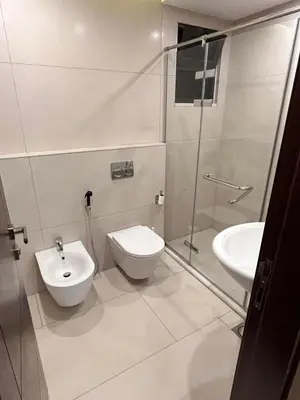 a bathroom with a toilet and a sink at Luxurious 2 bedroom furnished apartment in Abdoun in Amman