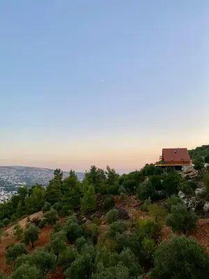 a house on top of a hill with trees at أكواخ المها oryx cottage in Ajloun