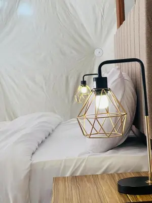a bedroom with a bed with a lamp on it at TALA lUXURY CAMP in Wadi Rum