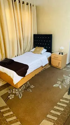 a bedroom with a bed with a curtain and a window at New Hamoudeh Hotel in Amman