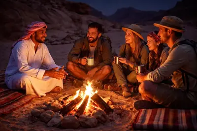 a group of people sitting around a campfire at Wadi Rum Sands Story Camp &Tours in Wadi Rum
