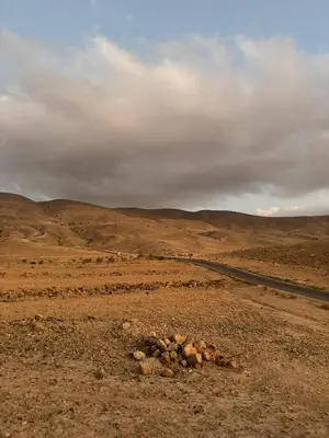 a dirt road in the middle of a desert at petra towering rock in Wadi Musa