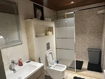 a bathroom with a toilet and a sink and a shower at Umm Aljulud Cottages 02 in Ajloun