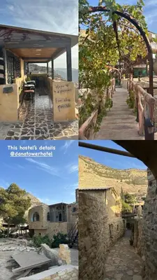 a collage of photos of a building and a walkway at TOWER Hotel in Dana