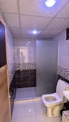 a bathroom with a toilet and a shower at RUM AlLIRA lUXURY CAMP in Wadi Rum