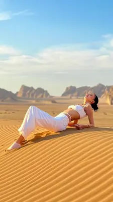 a woman is laying on the sand in the desert at Moon Camp Wadi Rum in Wadi Rum