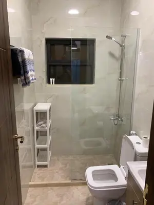 a bathroom with a glass shower and a toilet at Aqaren Apartment in Amman