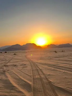 a sunset in the desert with tracks in the sand at Wadi Rum Star Haven camp in Wadi Rum
