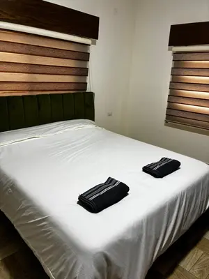 a bed with two black pillows on top of it at New Roman's kingdom in Madaba