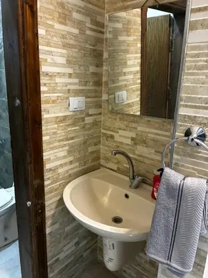 a bathroom with a sink and a mirror at New Roman's kingdom in Madaba