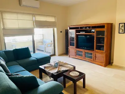 a living room with a blue couch and a tv at شقة مفروشة الدوار الخامس in Amman
