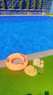 two frisbees on the grass next to a swimming pool at Villa Ohaio in Amman