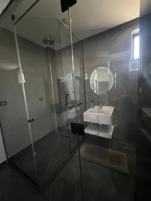 a bathroom with a shower and a sink and a mirror at Villa Ohaio in Amman