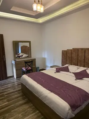 a bedroom with a large bed and a mirror at 2bd apartment sport city in Amman