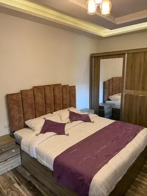 a bedroom with a large bed with a large mirror at Sports city 2bd room in Amman