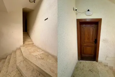 two pictures of a hallway with a door and stairs at Central Budget Stay in Amman
