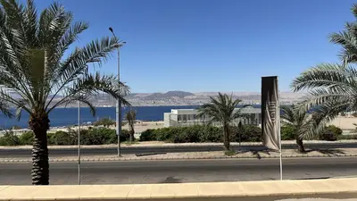 a street with palm trees on the side of a road at Luxury Suite in Aqaba AlRaha Village Marsa Zayed in Aqaba