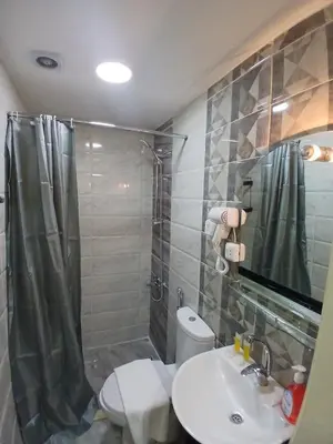 a bathroom with a sink and a shower and a toilet at Kahraman Amman Hotel in Amman