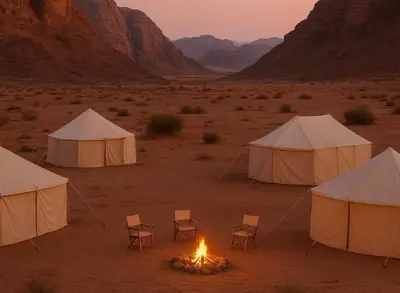 a group of tents in the desert with a fire at 1moon valley camp in Al Jafr