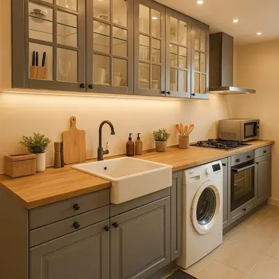 a kitchen with a sink and a washing machine at Elite Apartment Compound 1 in Amman