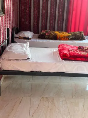 two twin beds in a room with pink walls at Kingdom of the Stars, Wadi Rum in Aqaba