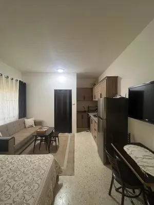 a small living room with a couch and a kitchen at Cozy Studio Apartment in Amman